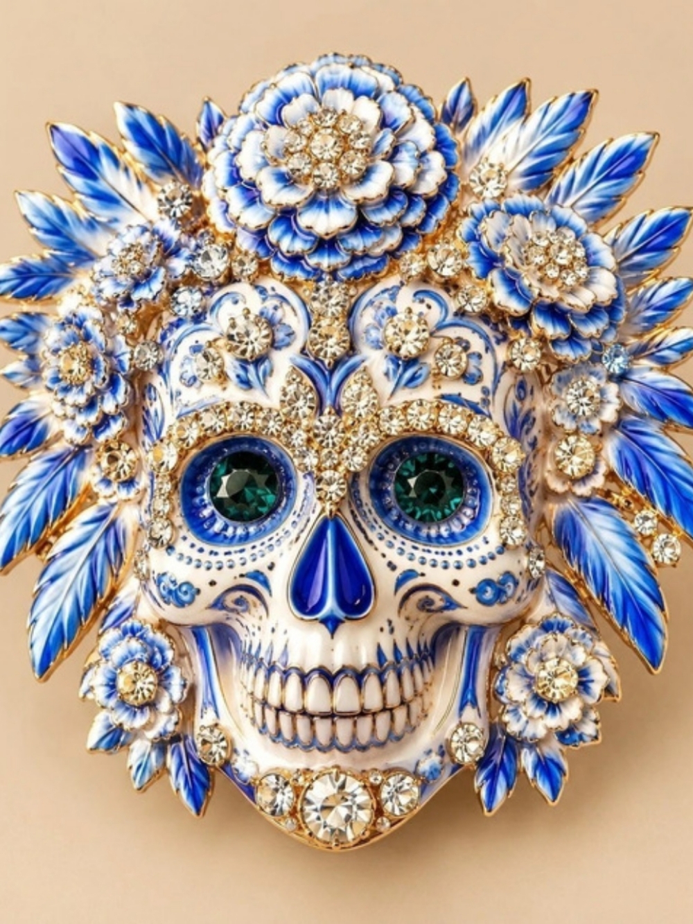 Blue & White Skull Floral Brooch